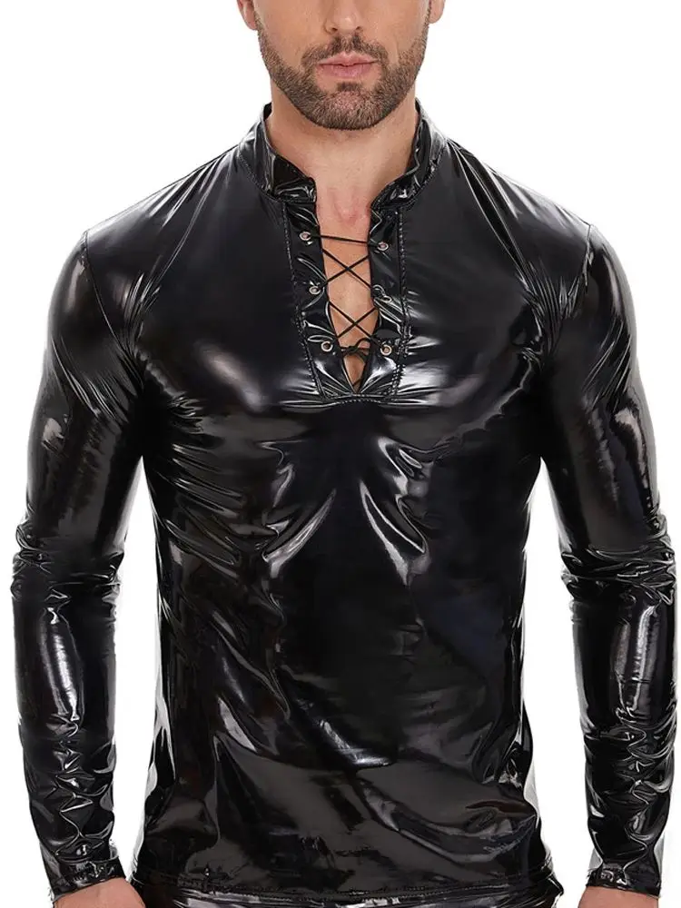 S-7XL Wet Look PVC Long Sleeve T Shirt Men Bandage Shiny PU Leather Hip Hop Gothic Tshirt Tights Sexy Clubwear Hot Shapers Body