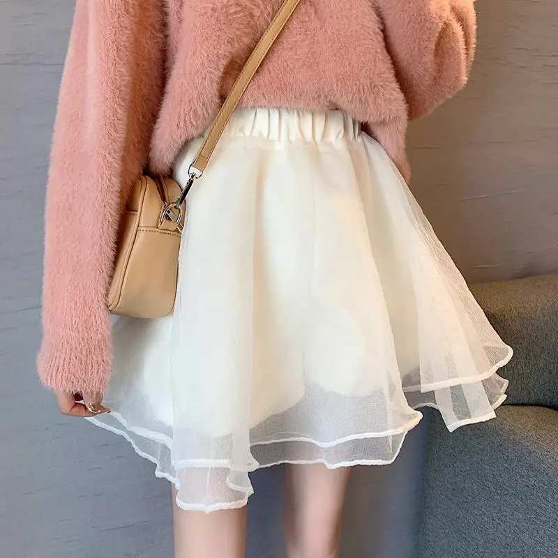 All-match High Irregular Skirts 2023 Korean Style Gauze Korean Fashion Streetwear Pleated Skirts for Women Chic A-line Skirt