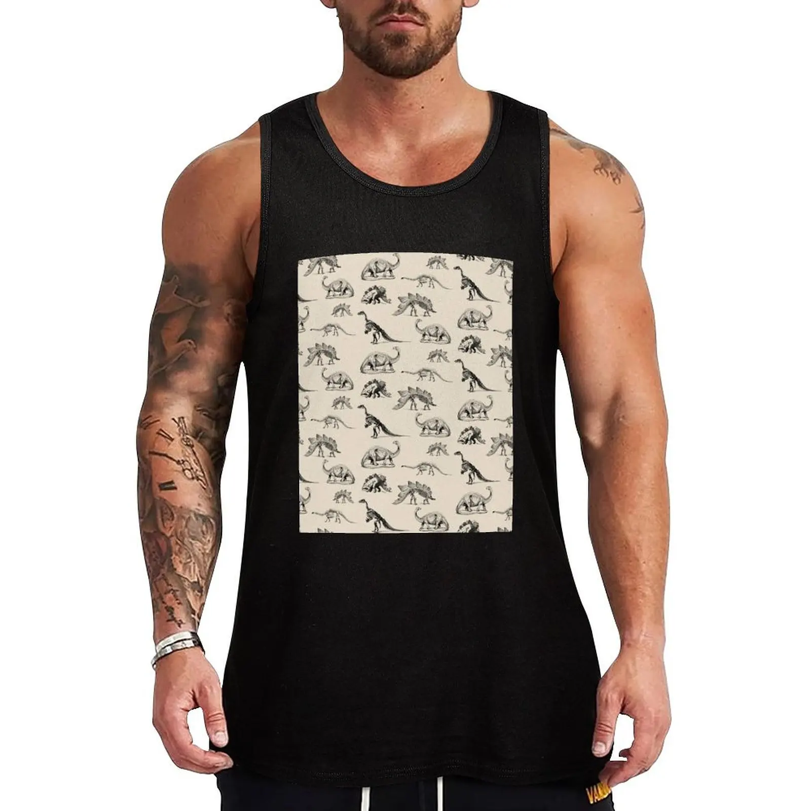 

Vintage Museum Dinosaur Skeleton Illustrations, Black & Cream Dinos Tank Top Casual Graphic Tank Top Print Design Sleeveless Top