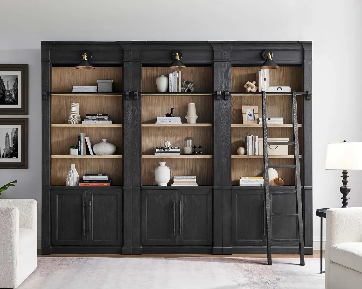 Three 8' Tall Bookcase Wall with Ladder, Storage Organizer, Display Shelf for Office, Black