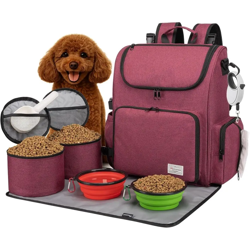 

Рюкзак для животных, одобренный авиакомпаниями, с органайзером, отсеками для хранения, мисками и ковриком, цвет розово-красный