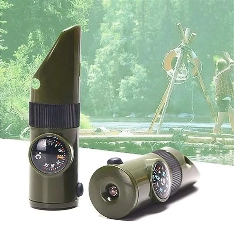7 in 1 Survival Whistle Compass Thermometer Magnifier LED Flashlight Fire Starter Outdoor Camping Emergency Survival Tools