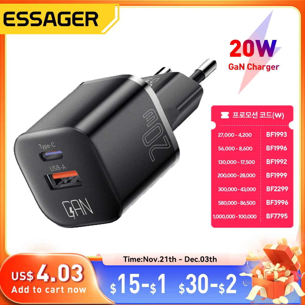 Essager 20W GaN USB Type C Charger PD Fast Charge Phone QC 3.0 Quick Chargers For iPhone 14 13 12 11 Pro Max Mini iPad Charging