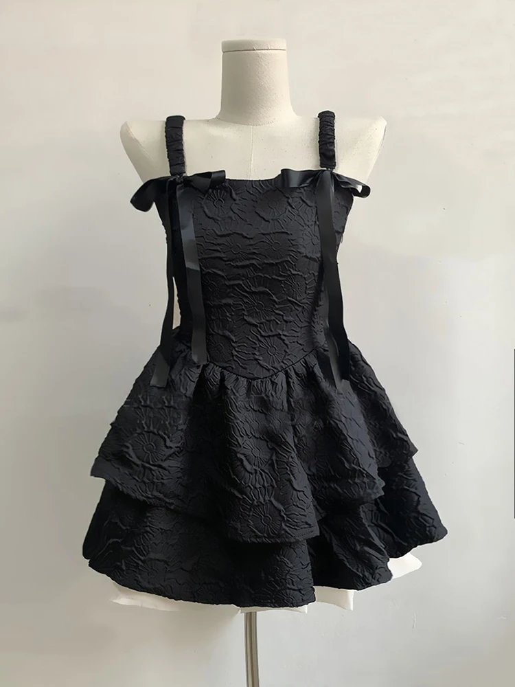 GIDYQ Y2k Mini abito nero donna Sexy Strap Bodycon vita A Line Vestidos Kawaii Bow Bandage Party Prom One Pieces Puff Dresses