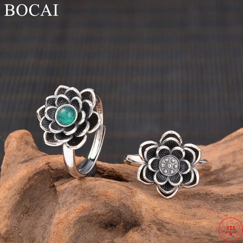 

BOCAI 2022 Trendy S925 Sterling Silver Rings New Fashion Lotus Green Agate Adjustable Pure Argentum Popular Jewelry for Women