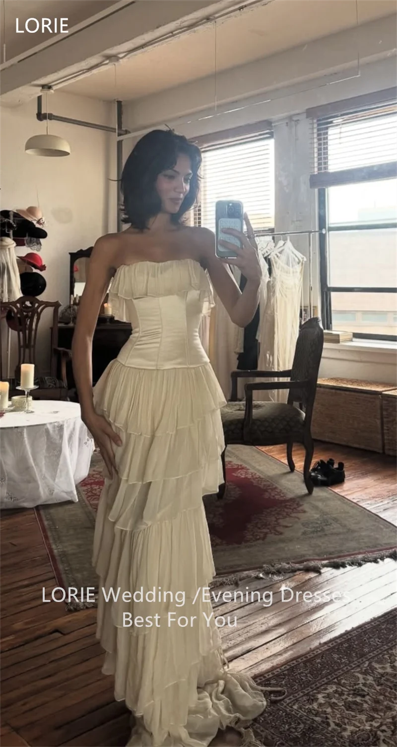 LORIE فساتين حفلات شيفون عاجية بدون حمالات طبقة مطوي بدون أكمام فستان حفلة موسيقية مسائية طول الأرض فساتين حفلات 2025 مخصص