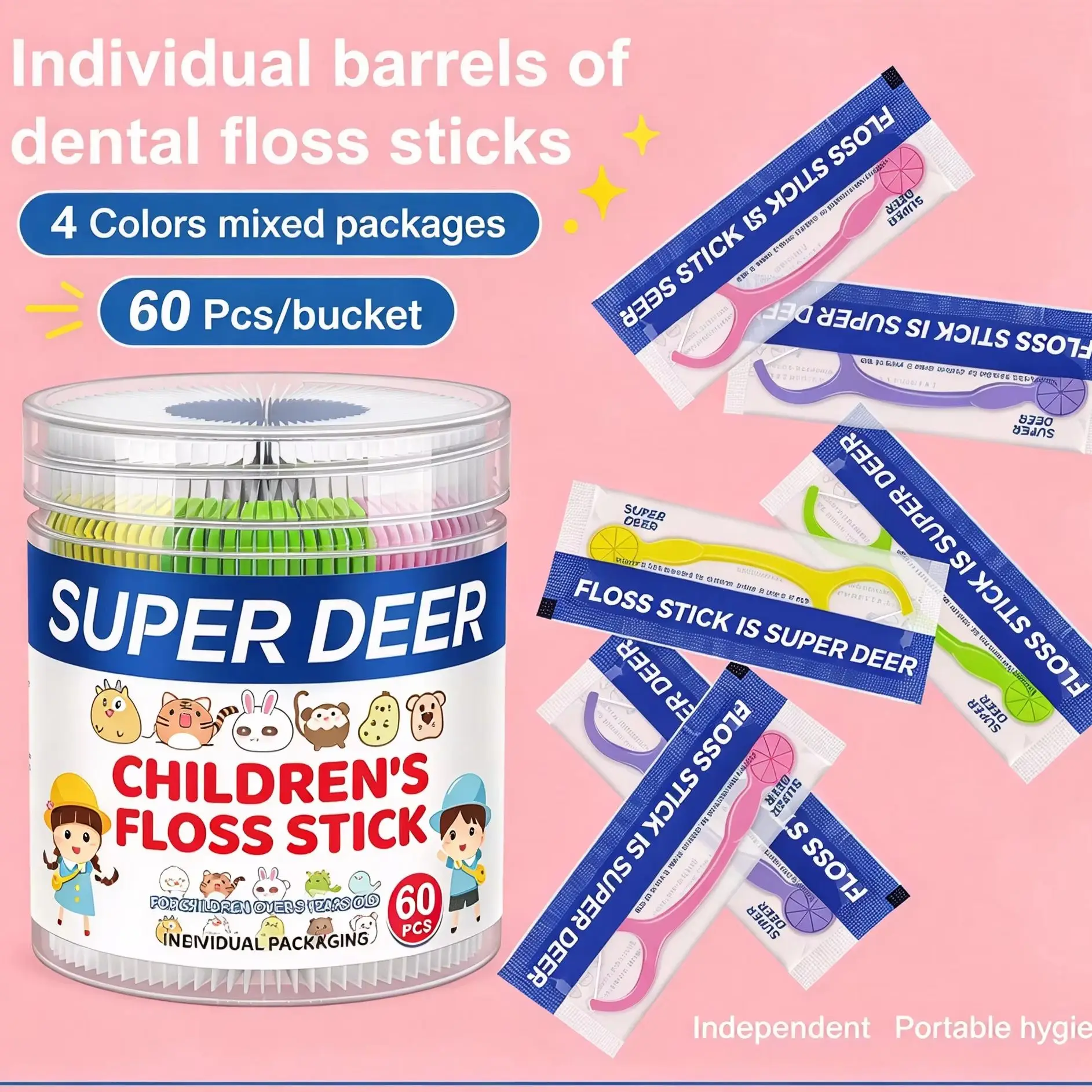60Pcs a Box Kids Fruit Flavor Dental Floss Picks Cartoon Animal Shape Children Floss Stick Individual Packaging Oral Teeth
