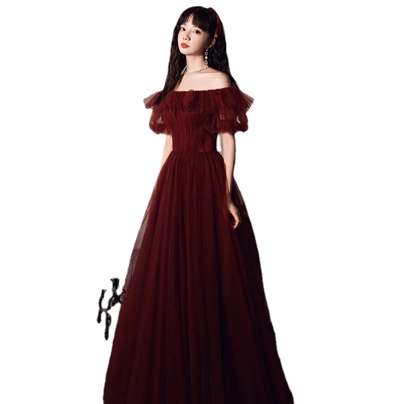 Burgundy Prom Dress Mesh Pleated Off Shoulder Bubble Sleeve Banquet Gown Classic Tulle Lace Up Slim Long Cocktail Party Vestidos