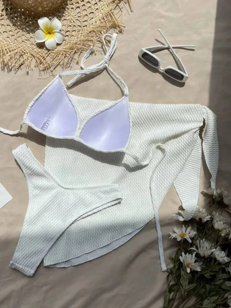 Conjunto de Bikini de realce para mujer, de 3 piezas con falda traje de baño, tanga blanco, ropa de playa