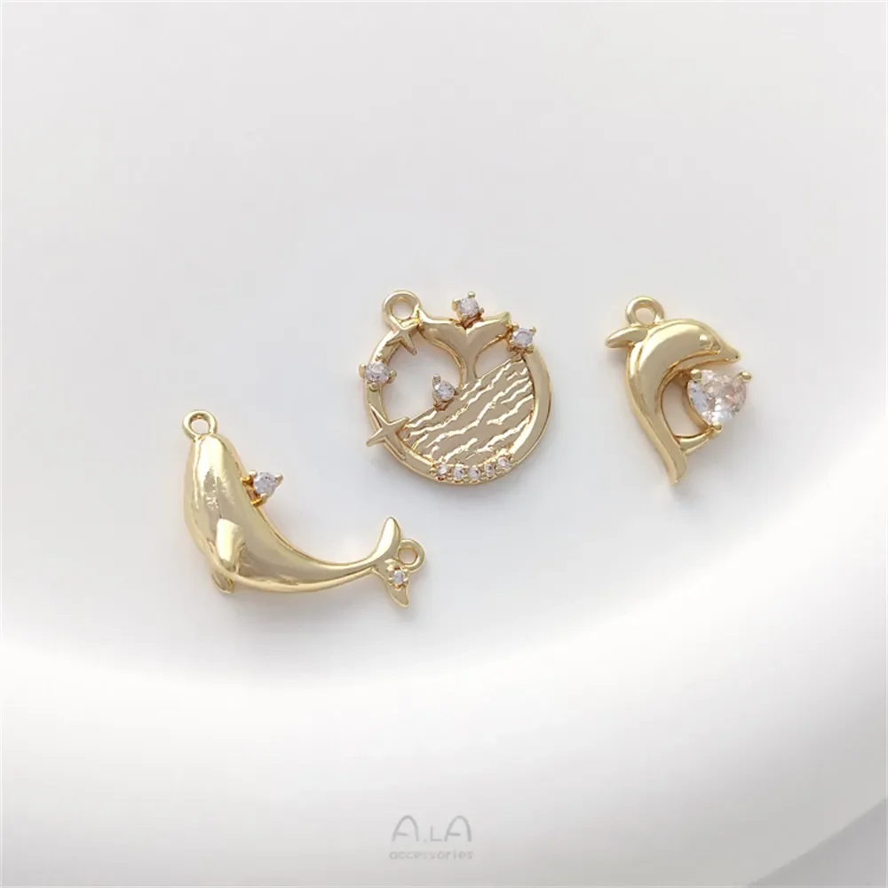 14K Gold Encrusted with Zircon Whale Dolphin Fish Tail Pendant Sea Creature Pendant Bracelet Earrings Charm