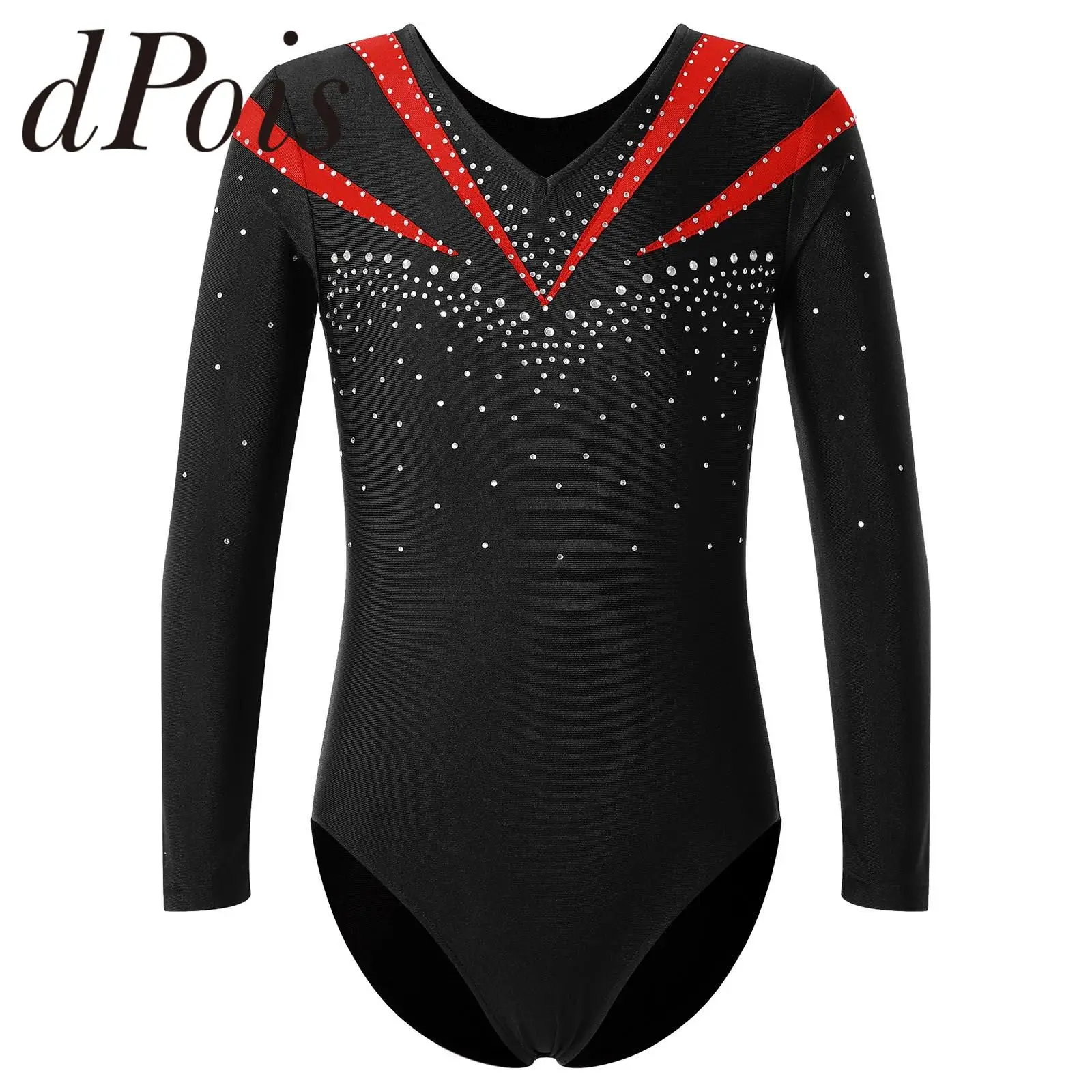 Children Ballet Dance Leotard Gymnastics Jumpsuit Kids Girls Long Sleeve Shiny Rhinestone Figure Ice Skating Bodysuit Dancewear