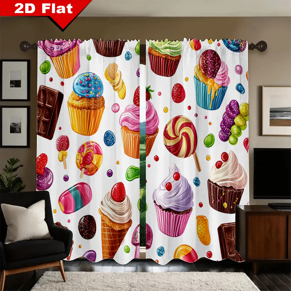 Cute Cupcake Candy Curtain Window Drape Nursery Kids Bedroom Home Decor Sweet Dessert Pattern Kitchen Bathroom Shower Curtain