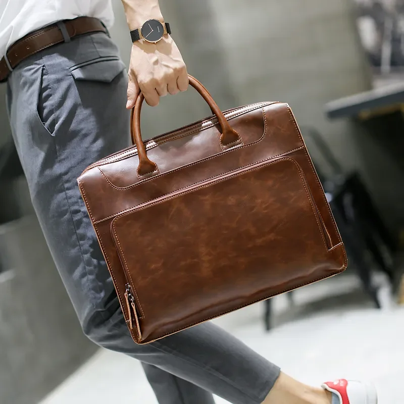 Retro Crazy Horse Pu Leather Men's Briefcase Handbag Messenger Business Men Tote Bags Man Casual Crossbody Briefcases