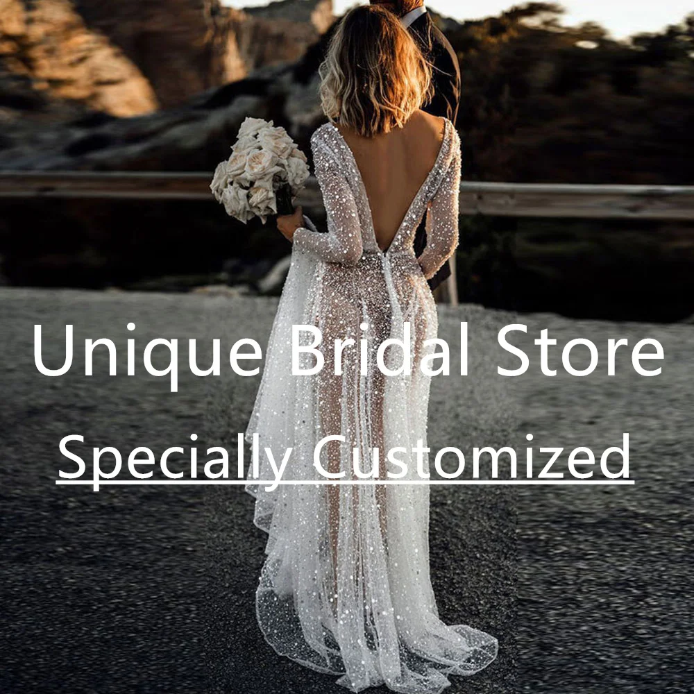 Bling A-line Wedding Dress Crew-Neck See Through Backless Zipper Long Sleeve Sequins Pleat Brush Train Sexy Bridal Gown