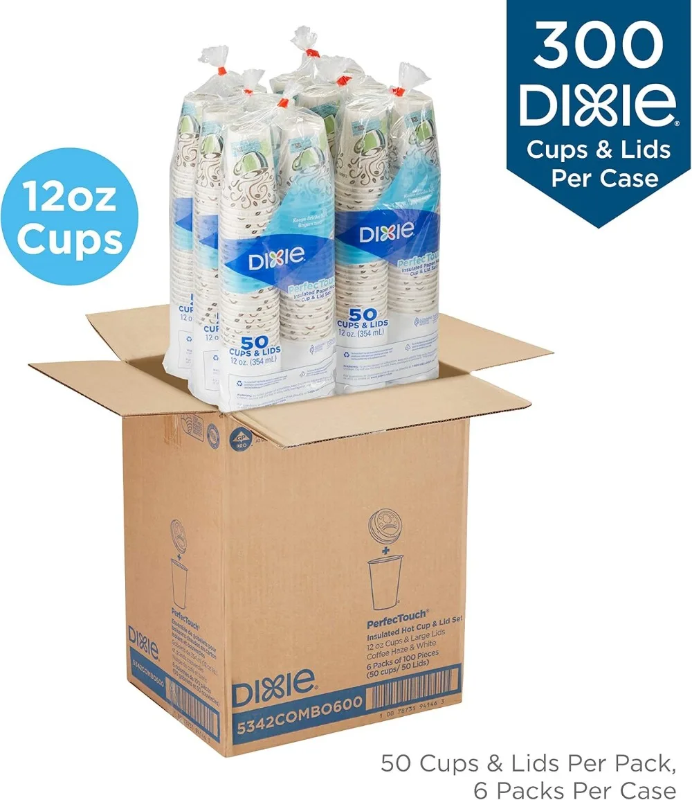 12 oz Disposable Coffee Cups with Lids, 300-Pack, Insulated Paper Cups, Hot & Cold Drinks