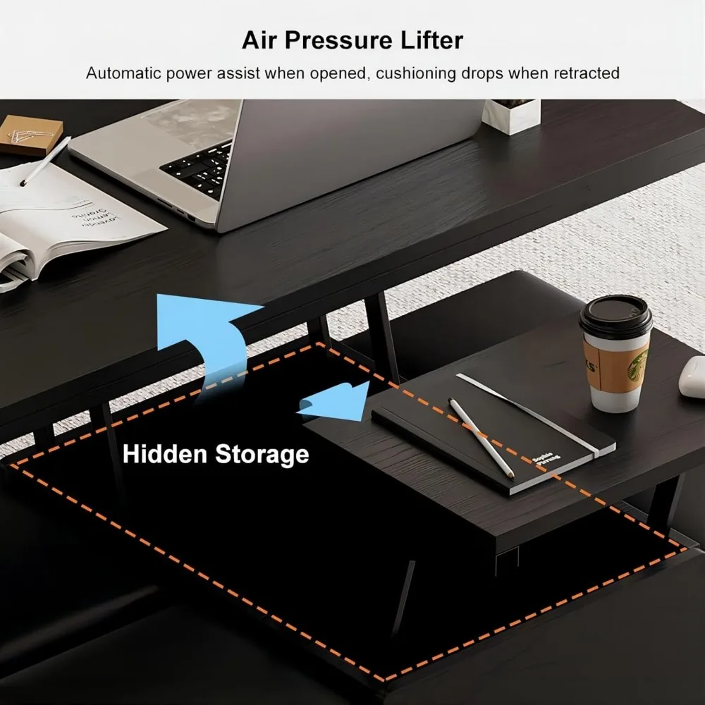 Mesa de centro elevable negra con almacenamiento oculto, mesa de centro moderna multifuncional 3 en 1 con 4 taburetes y ruedas bloqueables