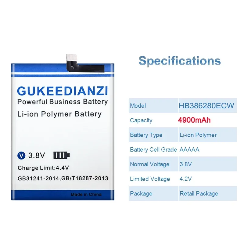 High Capacity 4900mAh HB386280ECW Mobile Phone Battery For Huawei Ascend P10 / Honor 9 STF-L09 STF-AL10