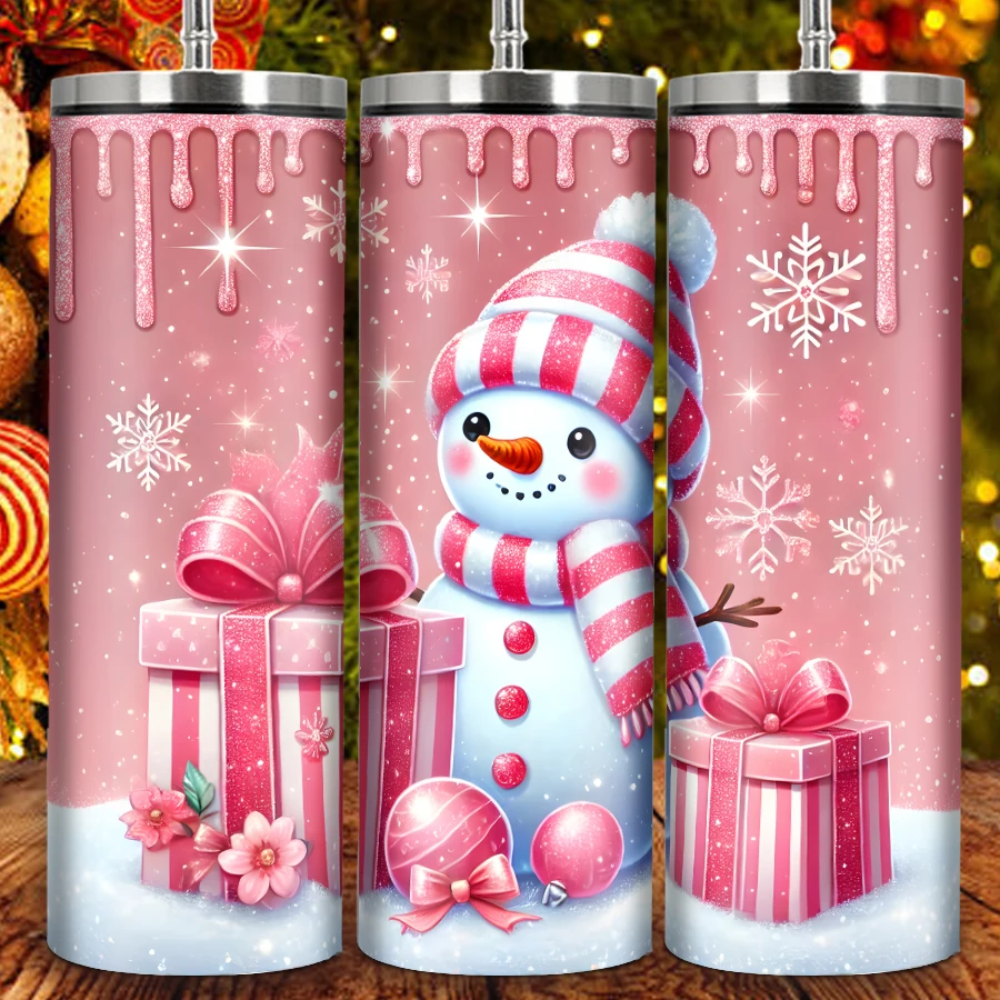 1Pc Party Water Bottle Straw Lid 20oz Stainless Straight Coffee Mugs 3D Print Christmas Snowman Water Mugs Festive Gifts For Her