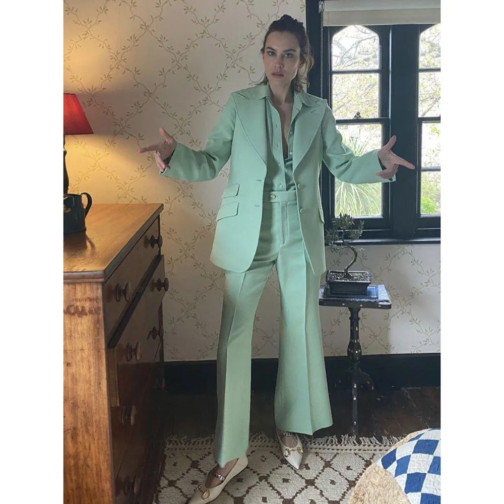 

Green Women Suits High Quality Notch Collar 2 Pieces Jacket Pant Single Breasted Special Occasion Female Clothing Fashion