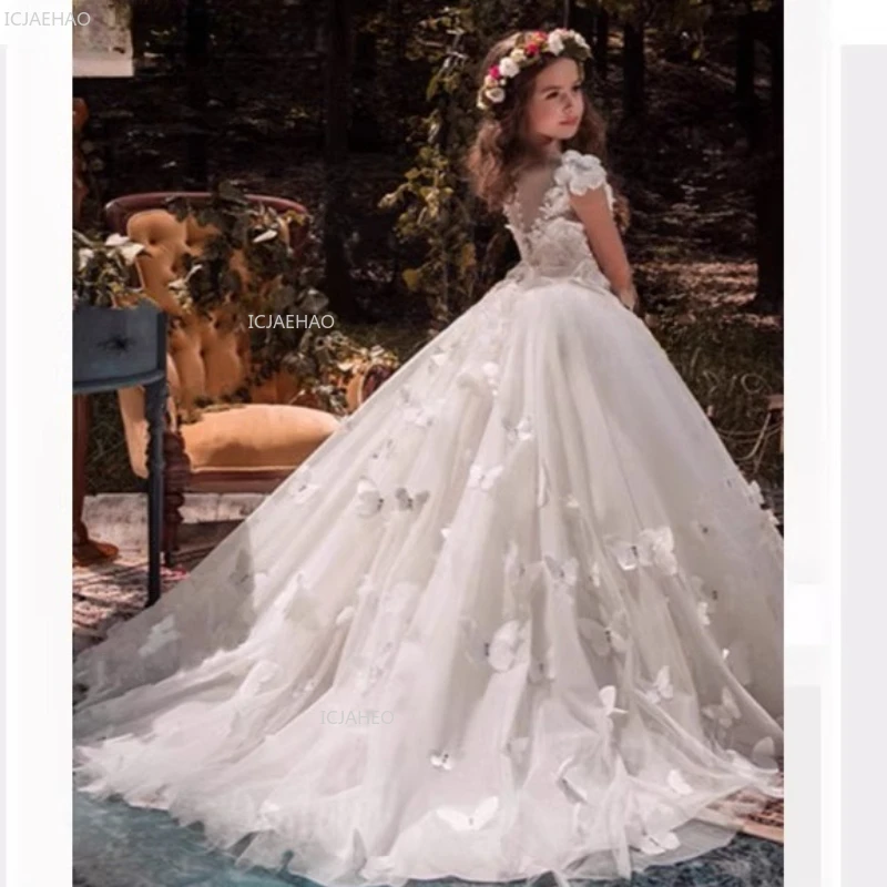 White Long Girls Princess Party Dress with Train for Piano Flower Girl Wedding Birthday Pageant Formal Gown Performance Children