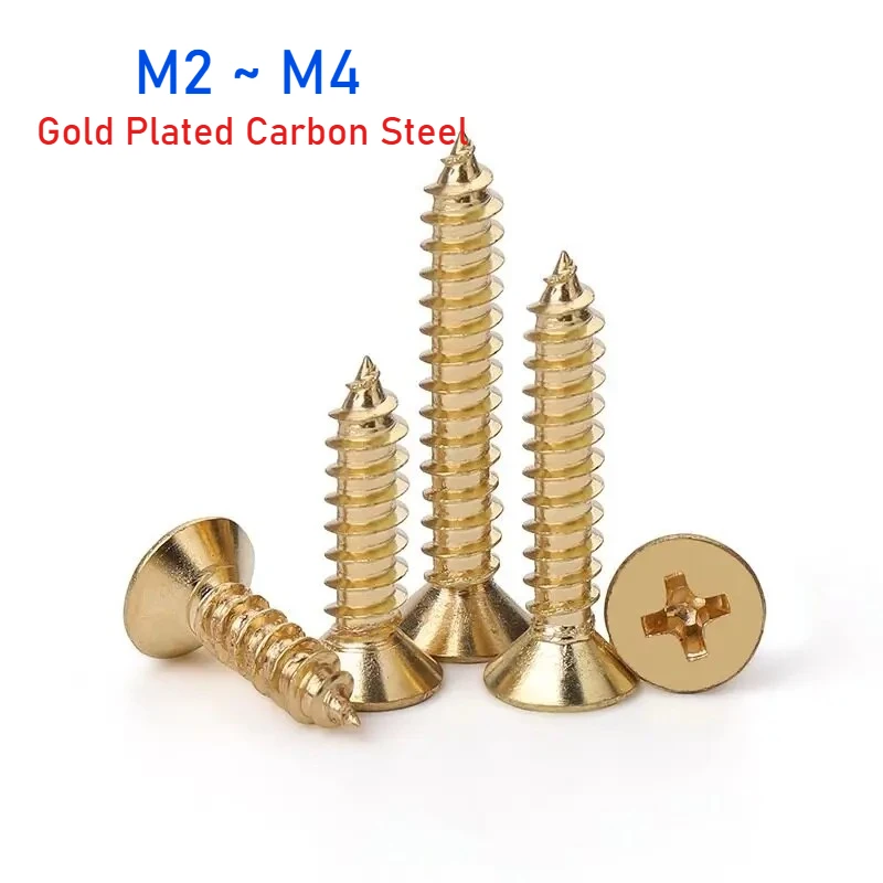 

M2 M2.3 M2.6 M3 M3.5 M4 Gold Plated Carbon Steel Cross Flat Self-tapping Screw Wood Screws Length 4~30mm