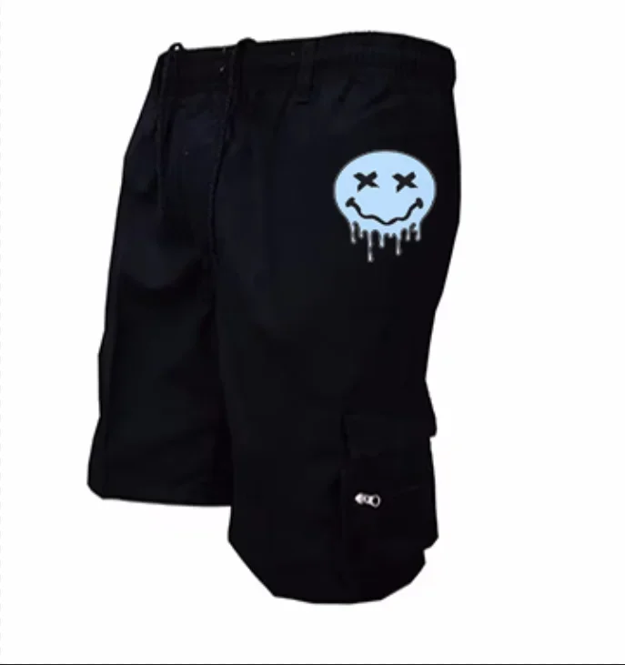 Skull Pattern Mens Cargo Shorts Elastic Drawstring Multi Zipper Pockets Casual Summer Street Short Pants