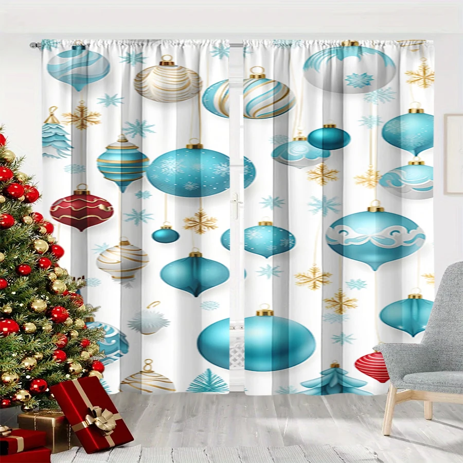 2PCS Christmas Winter Curtains, Blue Gold Christmas Ball Snowflake White Pattern, Digital Print, Bedroom Living Room, Home Decor