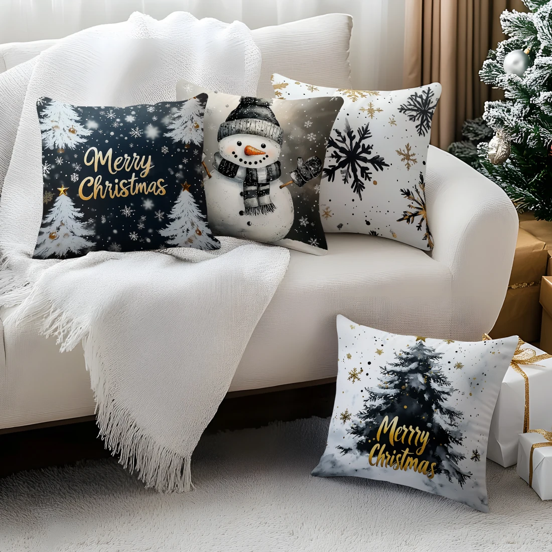 Merry Christmas Decorative Pillowcase 18X18 Inch Pillow Covers Throw Pillows Cushion Cases for Home Car Sofa Christmas Winter