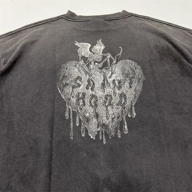 

SAINT Mxxxxxx Short sleeves Men Women 1:1 Best Quality Black Washed Love Skull Angel Print Oversized T Shirt