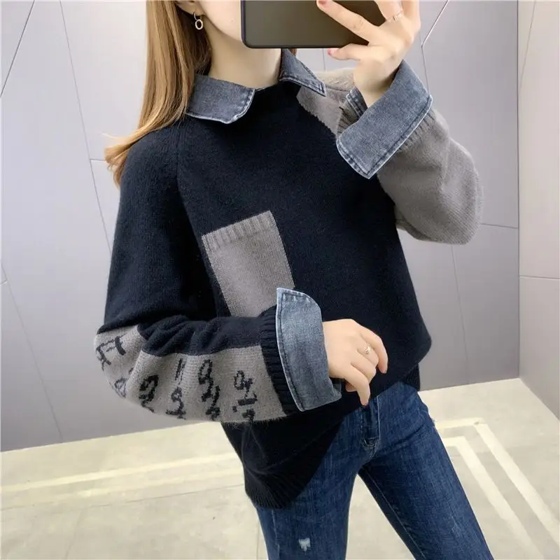 Autumn Winter New Turn-down Collar Long Sleeve Fashion Sweater Women High Street Cowboy Patchwork Button Jacquard Weave Pullover