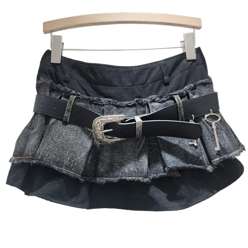 Fashion Women's Skirt Versatile Irregular American Design Pleated Spice Girl Short Skirt Niche Splicing Denim Mini Skirt