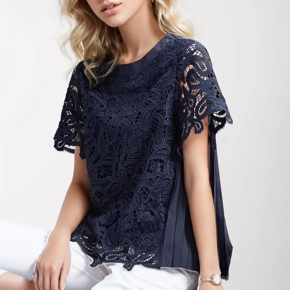 Dimanaf 2024 Summer Tees Lace Blouse Casual Shirt Women Print Clothing Long Sleeve White Loose T-Shirt