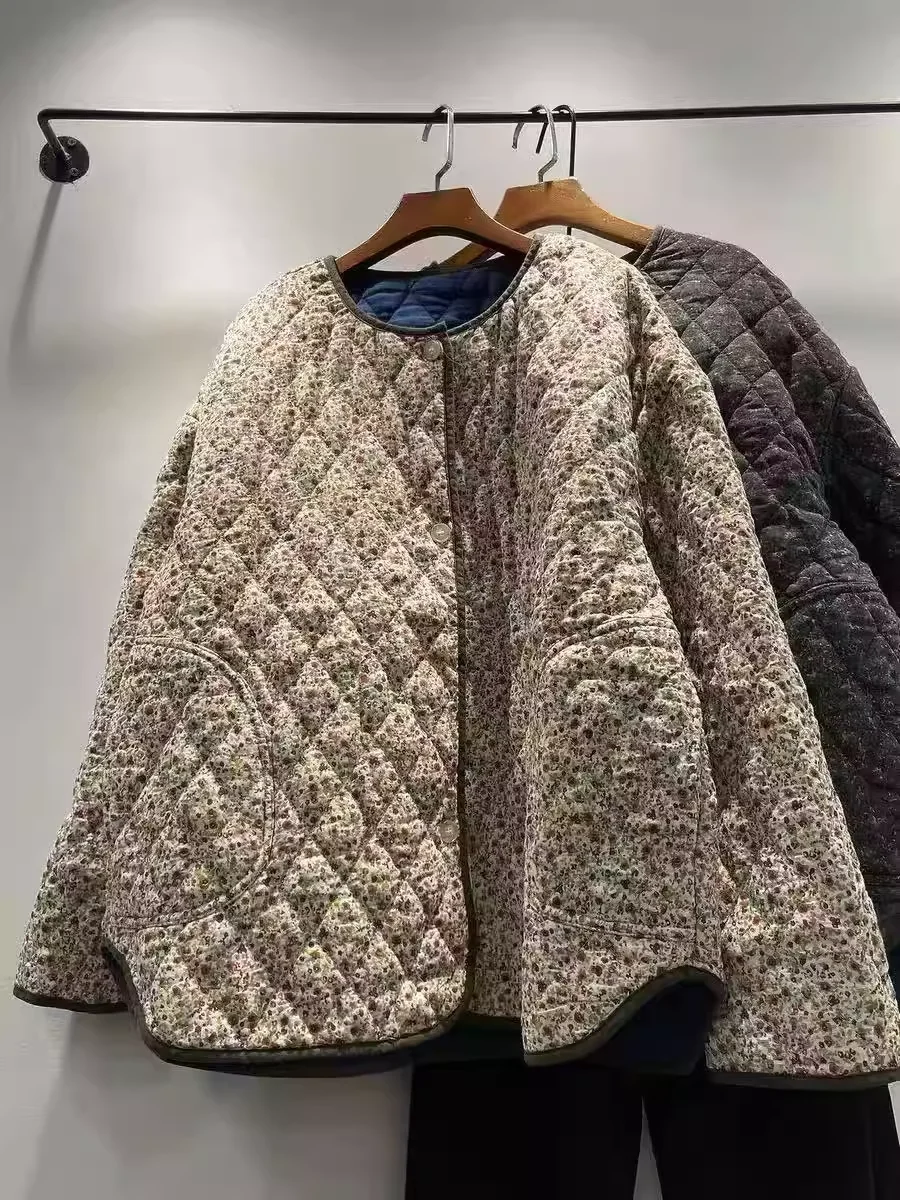 

Bust 124cm Large Size Tops Japanese Style Print 100% Cotton Padded Jacket Vintage Loose Long Sleeve Warm Coat Outwear