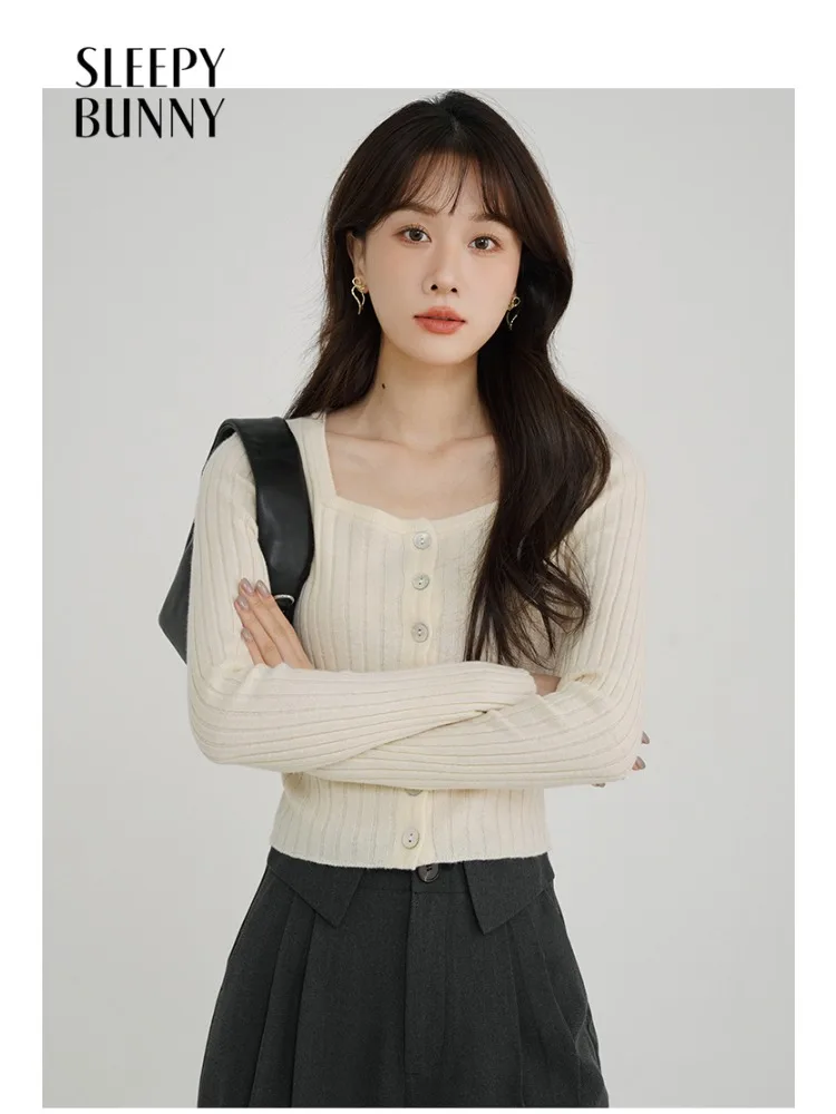 

Elegant Knit Sweater Top Women Vintage Square Neck Cardigan Short Knitwear Autumn Winter Long Sleeve Pullover for Daily Layering