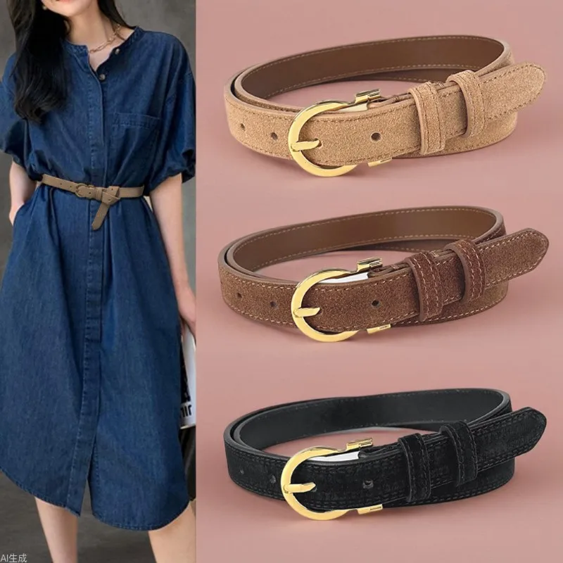 

Suede Abrazine Cowhide Leather Belts for Women Vintage Gold Buckle 2.3cm Wide Waistband for Dresses & Jeans Luxury Women's Belt