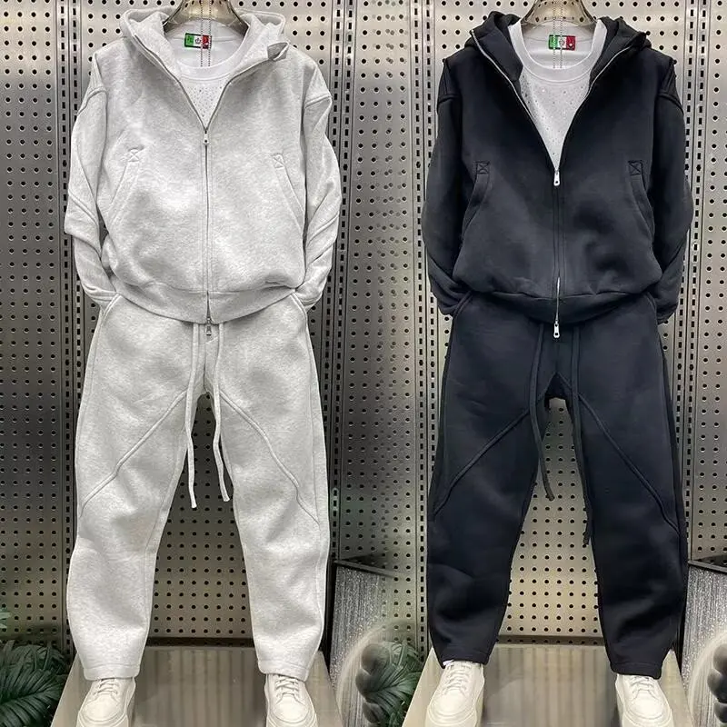 A simple American hooded sweatshirt, cardigan, casual pants set for men, trendy and fashionable style, two loose jackets