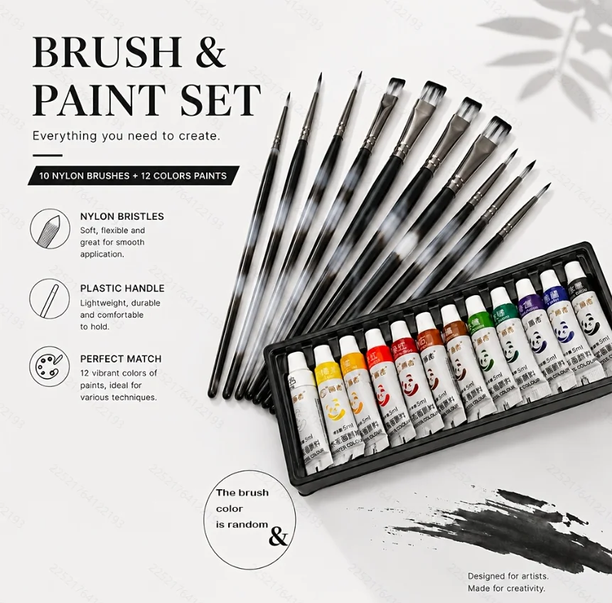 12 Colors Tube Watercolor Kit with 10 Multi-Size Nylon Brushes, Light Plastic Handle,  Easy Blend Drawing Supplies for Beginners
