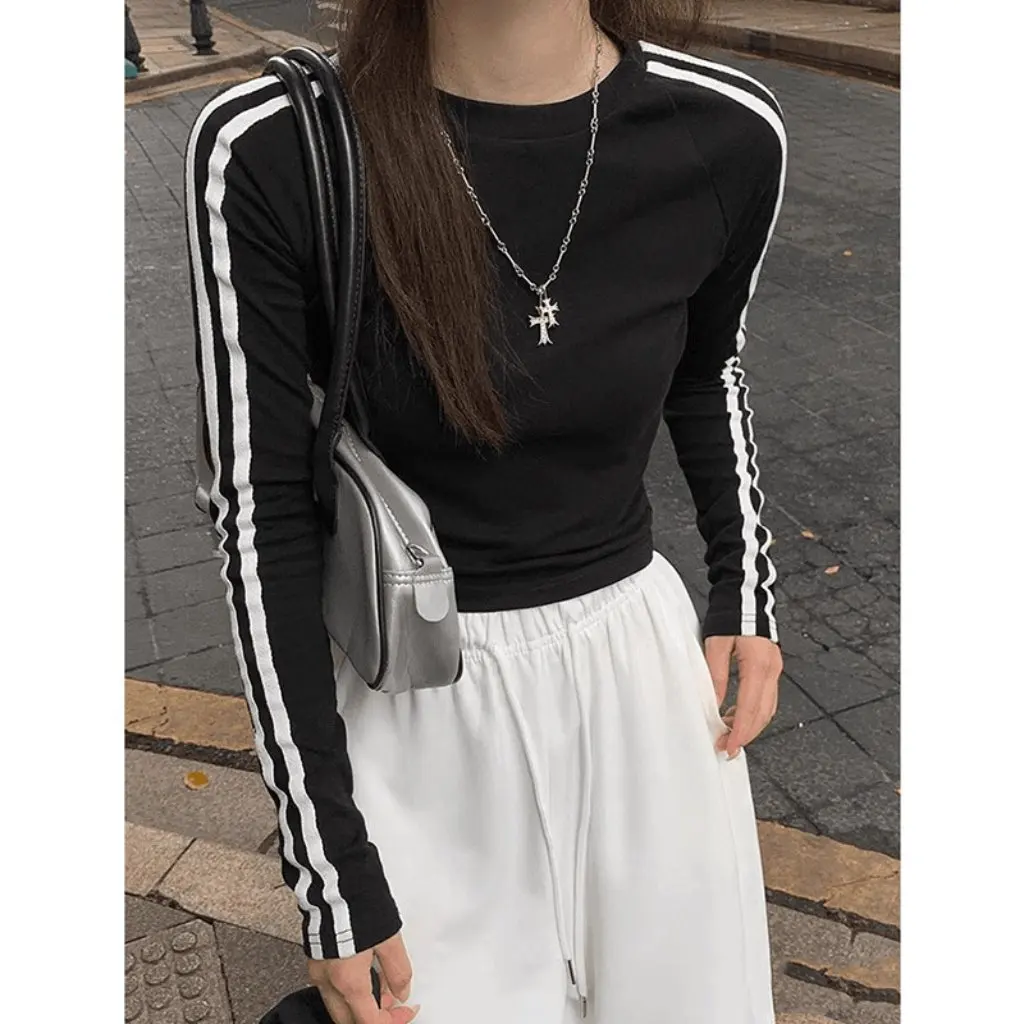 

Women's Long-Sleeved Cotton T-Shirt Slim Fit Striped Design Versatile European Fashion Autumn Top