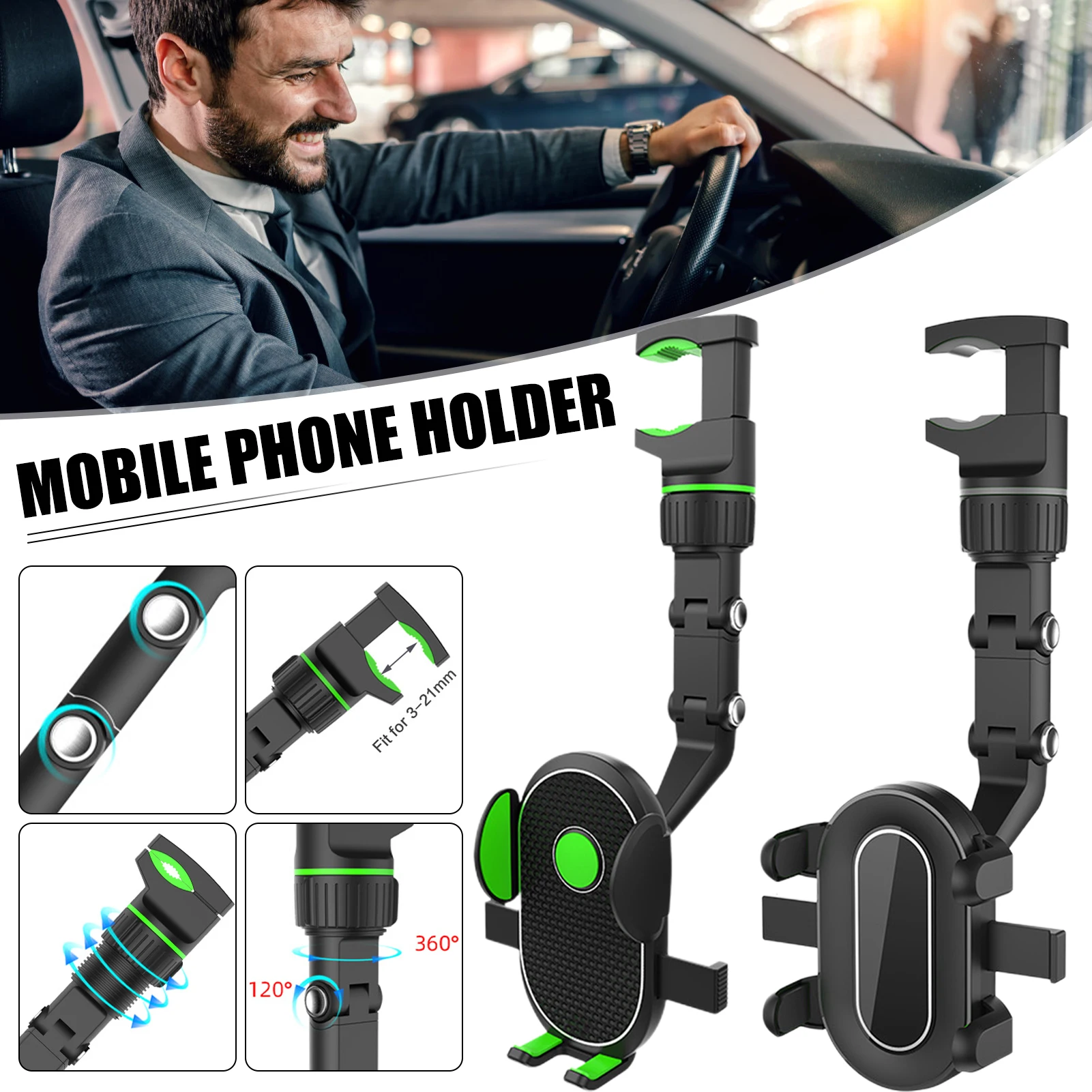 Universal Car Holder 360 Degree Rotating Stand Rearview Mirror GPS Navigation Auto Phone Support Multifunctional Phone Holder