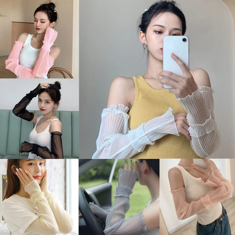 

1 Pair Ice Silk Sunscreen Sleeve Cover Anti-UV Solid Color Lace Arm Sleeves Arm Guard Must Have Item for Summer