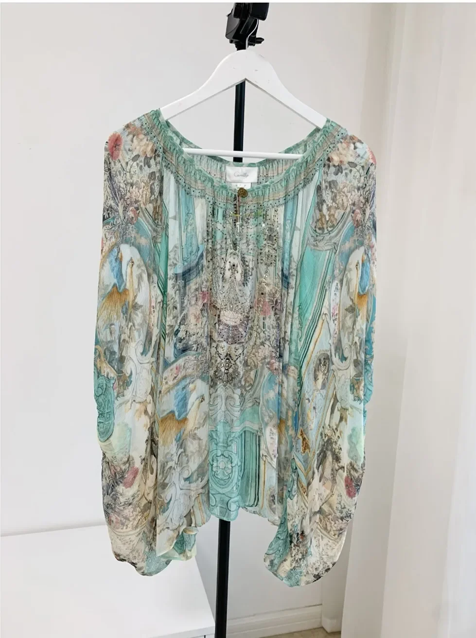 

Shirt for Women 2024 New Spring Summer 100% Silk Beaded Flower Printed Loose Casual Long Sleeve Blouse