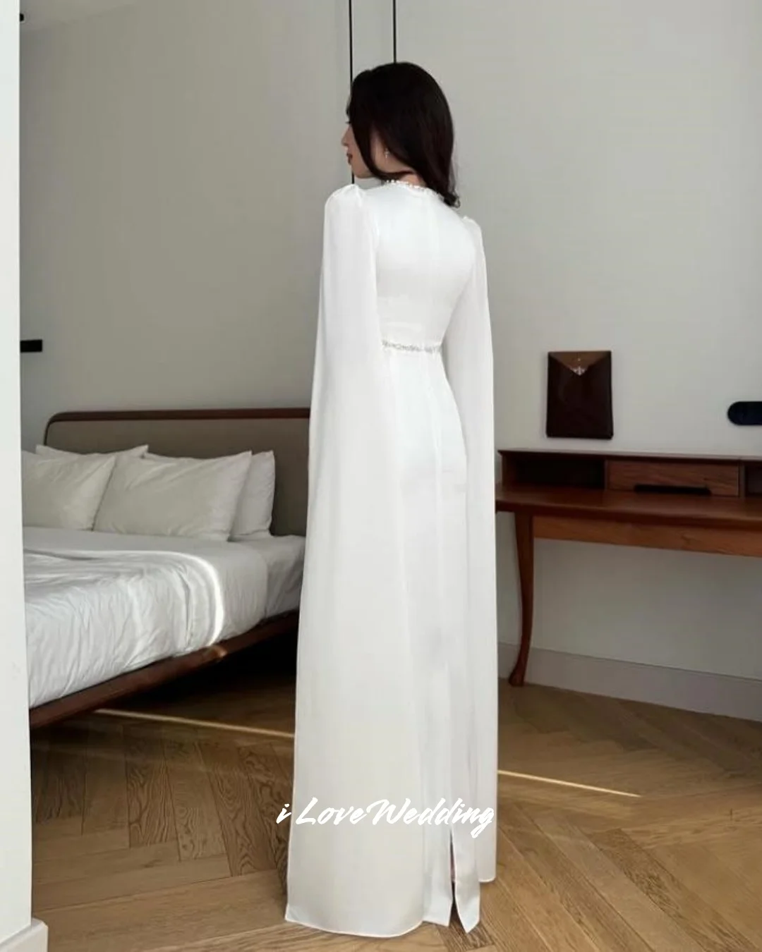 Vestidos de novia blancos con cuello redondo, sirena con cuentas de manga larga, musulmán, Arabia Saudita, largo hasta el suelo, plisados, personalizados, 2025