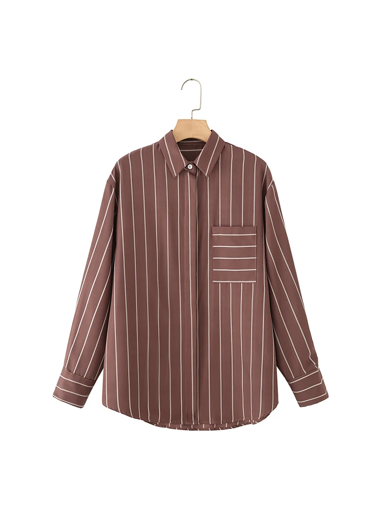 Kemeja wanita bergaya Eropa, serbaguna, elegan, kasual, lengan panjang, bergaris, dengan saku dan kerah.