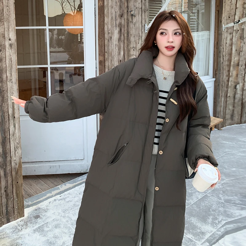 UMI MAO Winter Jacket Women's 90 White Duck Down Round Wood Button Up Collar Long Down Jacket Women's Jacket Femme Y2K