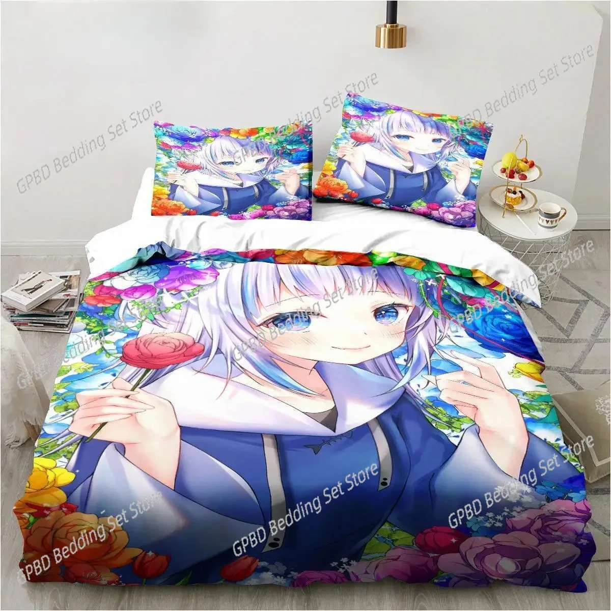 

Kawaii Gawr Gura Cute Girl My Angle King Twin Double Child Bedding Set Microfiber or Polyester 3D Print Anime Duvet Cover Set