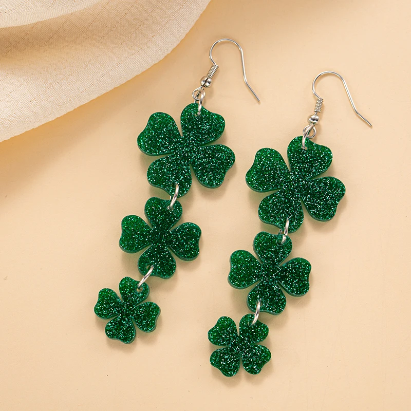 Glitter Lucky Green Shamrock Dangle Earring For Women Girls Irish Style St Patricks Day Earrings Lucky Acrylic Green Drop Earing