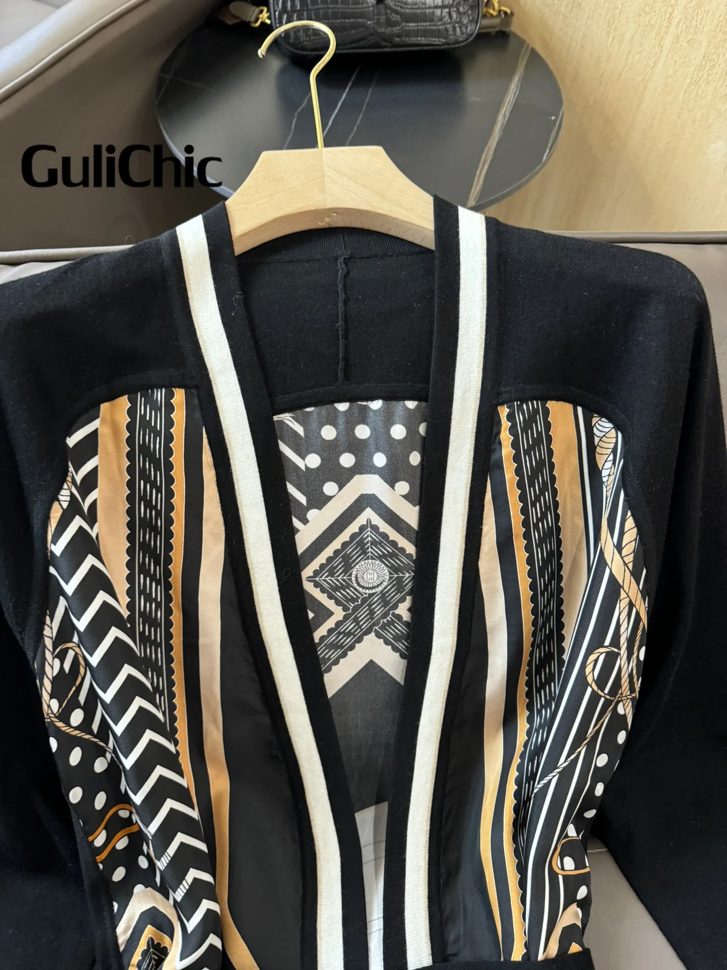 2.27 GuliChic Temperament Fashion Women Pure Silk Positioning Print V-Neck With Belt Thin Wool Knit Long Cardigan