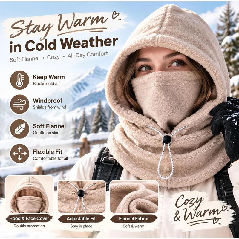 Warm Double‑layer Integrated Hat For Men & Women All-around Cold Protection(masks, Scarves, Hats) Thickened One-piece Winter Hat
