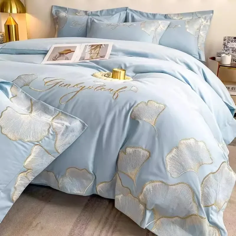 Bedding Set Luxury 100% Cotton Chic Golden Ginkgo Leaves Embroidery Duvet Cover Set Cotton Fitted Bed Sheet Set and Pillowcases