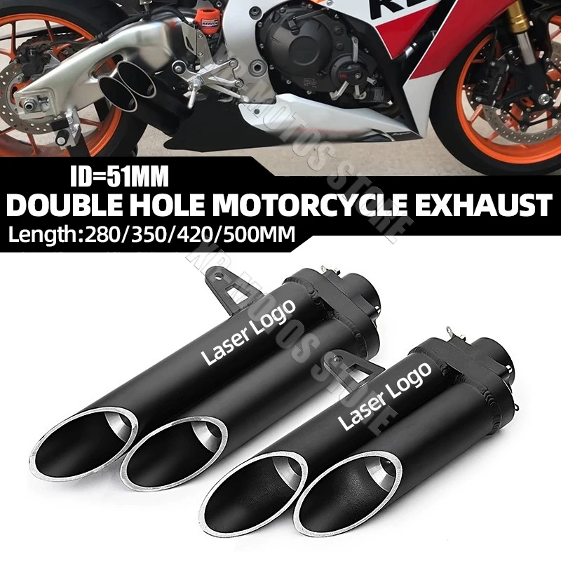 

Universal 51MM Double Tube Motorcycle Exhaust Muffler Escape For Kawasaki Honda Yamaha Suzuki Ktm Etc 2Tip Exhaust Modified Part